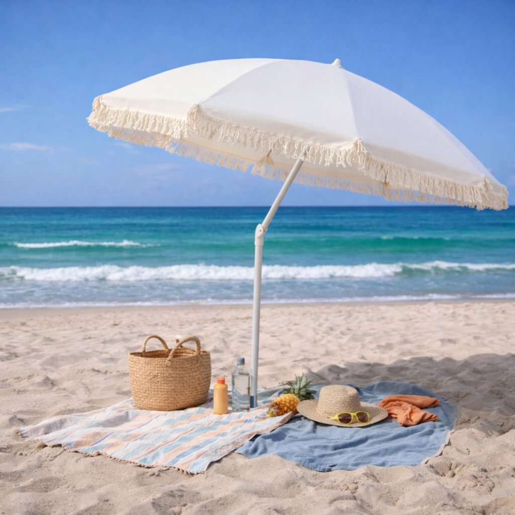 Overige Merken Pro Beach Parasol Aruba Met Franjes 180 Cm Ecru
