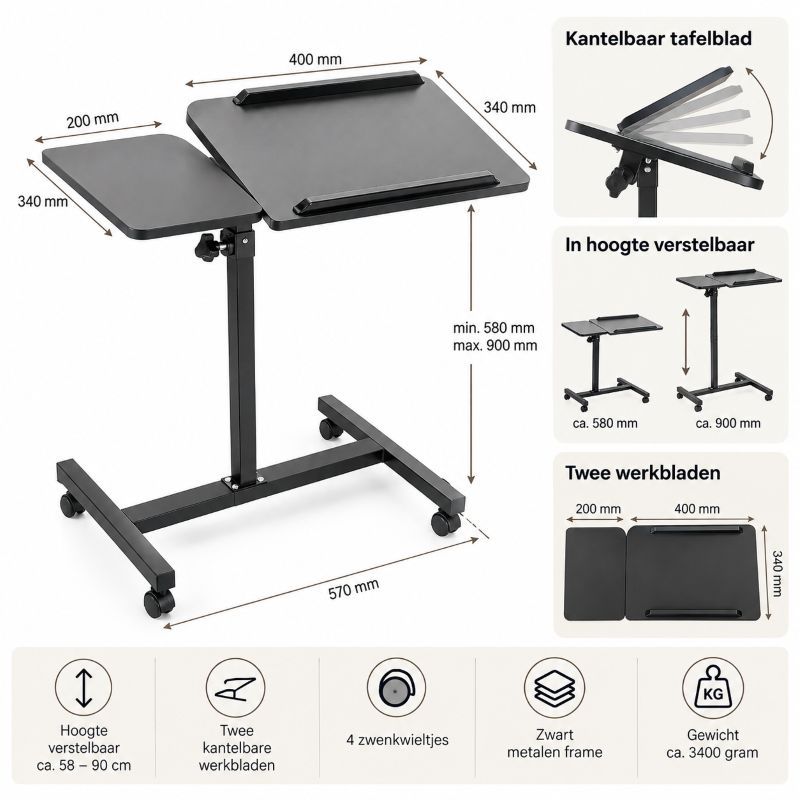 Ceruzo Laptoptafel - Hoogte En Hoek Verstelbaar - 60X40X90 Cm