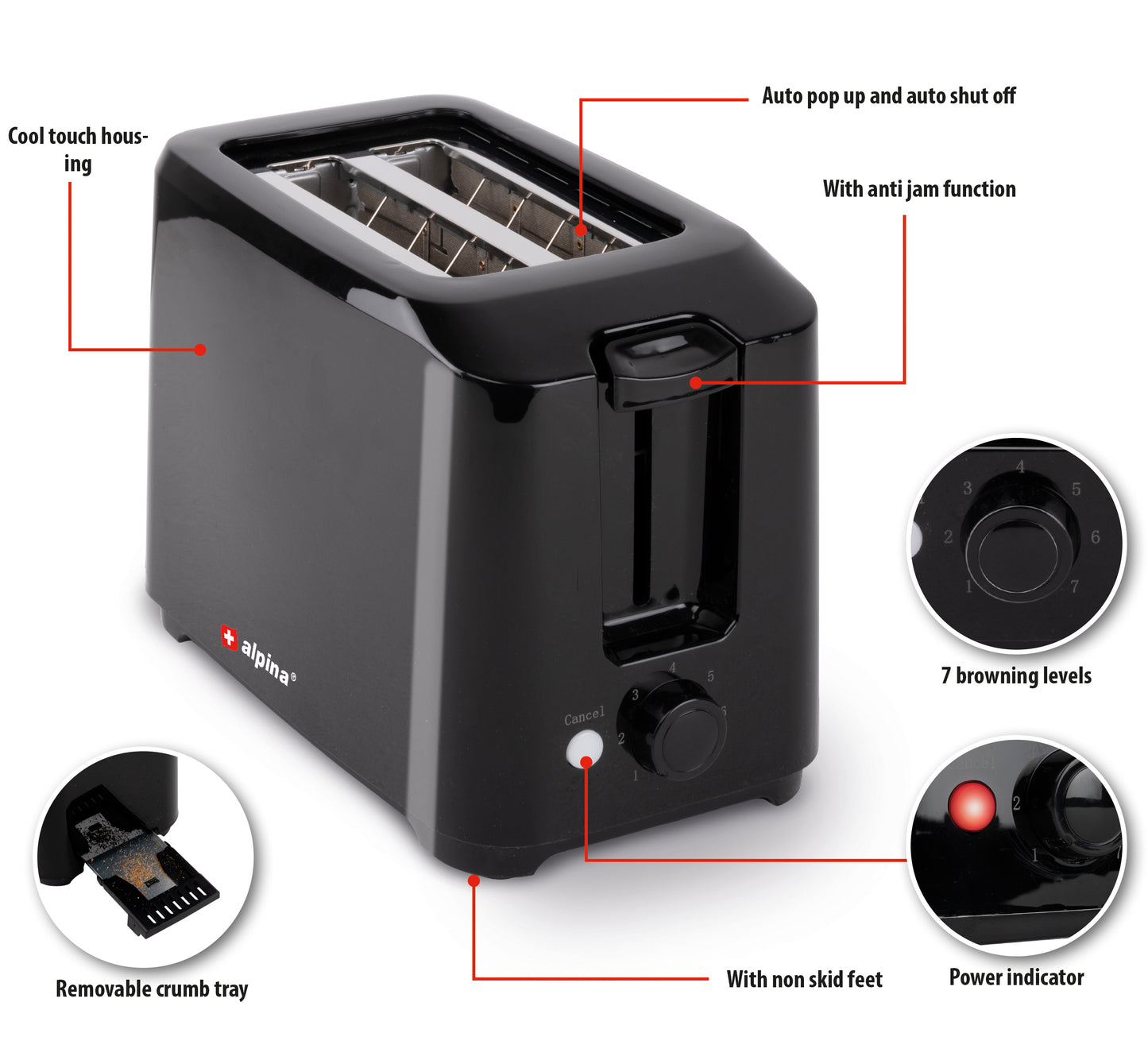Toaster 700W  Pl Black