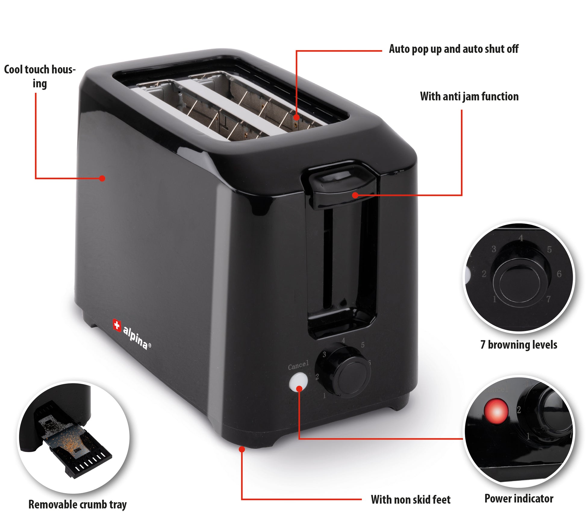 Toaster 700W  Pl Black