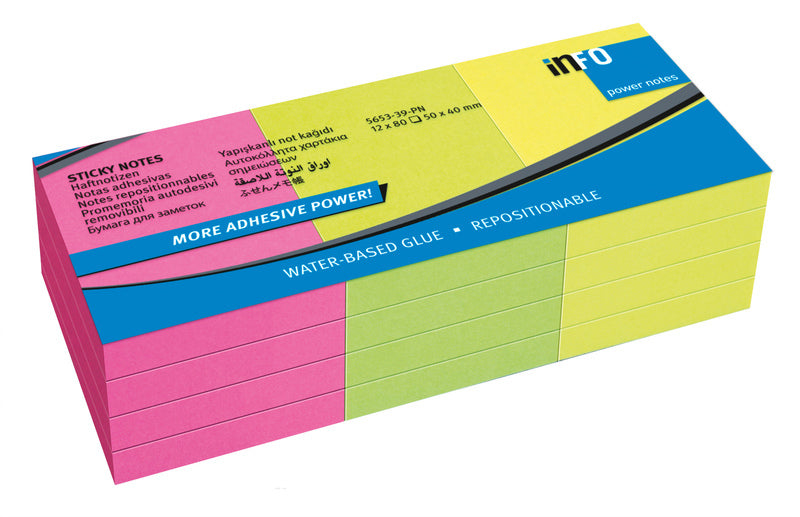 Info Notes In-5653-39-Pn Powernotes 50X40Mm Ass. Brilliant Pak 12 Blok.