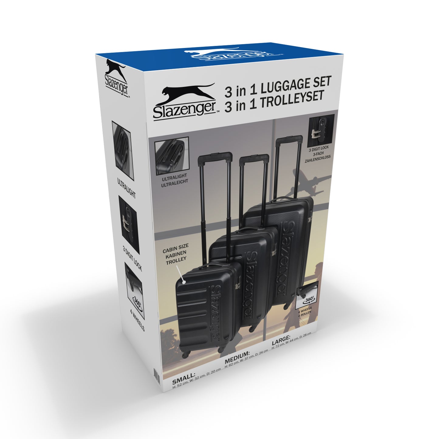 Slazenger 3-Delige Kofferset Inclusief Handbagage - 88L, 55L, 33L - Met Cijferslot - Zwart