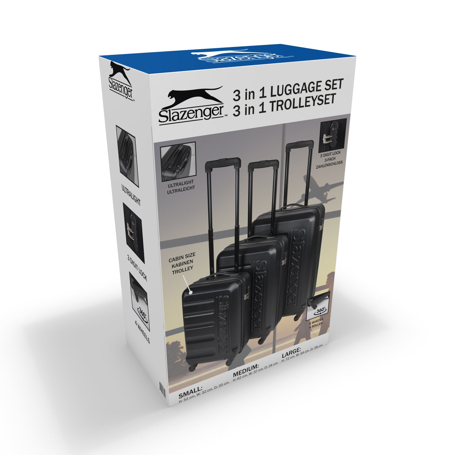 Slazenger 3-Delige Kofferset Inclusief Handbagage - 88L, 55L, 33L - Met Cijferslot - Zwart