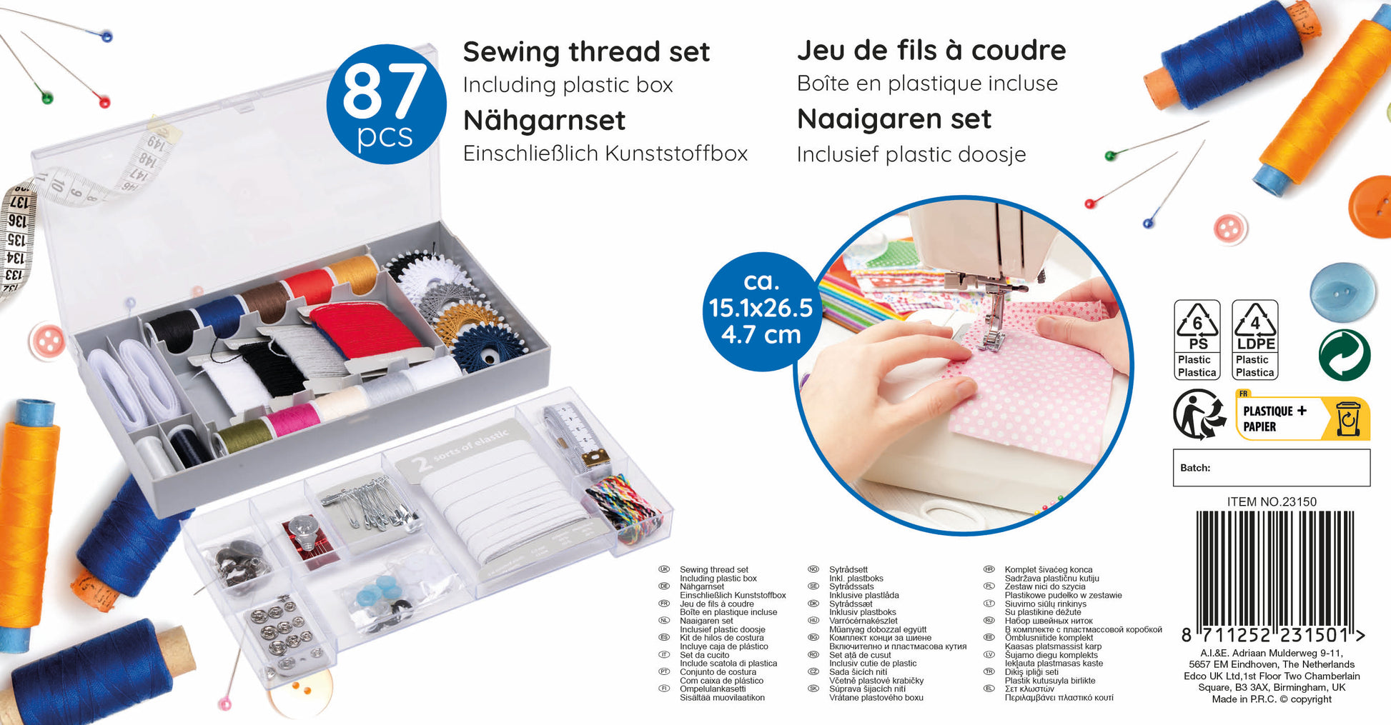 Sewing Thread Set W/ Plastic Box 87Pc