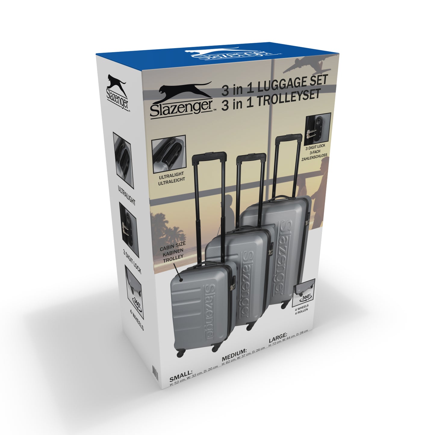 Slazenger Kofferset 3 Delig - Kofferset Met Handbagage Trolley, Grote Koffer En Ruimbagage Koffer - Hardcase Koffer Set - S, M En Grote Reiskoffer Met Wielen - Cijferslot Met 3-Cijferige Code - Grijs