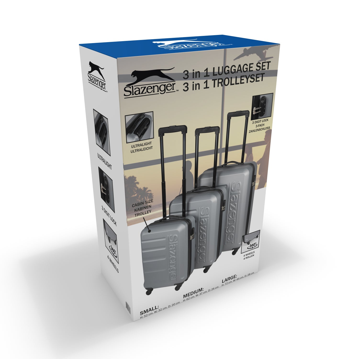 Slazenger Kofferset 3 Delig - Kofferset Met Handbagage Trolley, Grote Koffer En Ruimbagage Koffer - Hardcase Koffer Set - S, M En Grote Reiskoffer Met Wielen - Cijferslot Met 3-Cijferige Code - Grijs