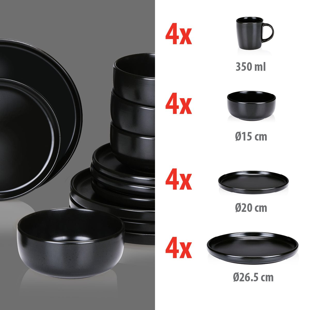 Dinner Set Black 16Pcs