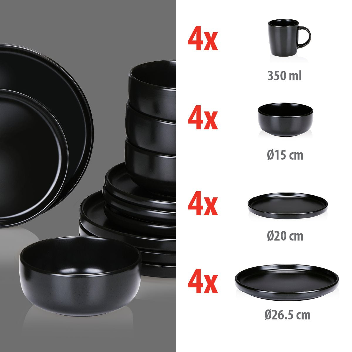 Dinner Set Black 16Pcs