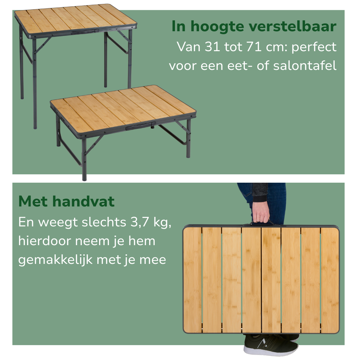 Camp Active Campe Active Campingtafel Inklapbaar - Inklaptafel - Opvouwbare Tafel - Vouwtafel - Inklapbare Tafel - In Hoogte Verstelbaar- 75 X 55 X 31 - 71 Cm - Bamboe En Aluminium