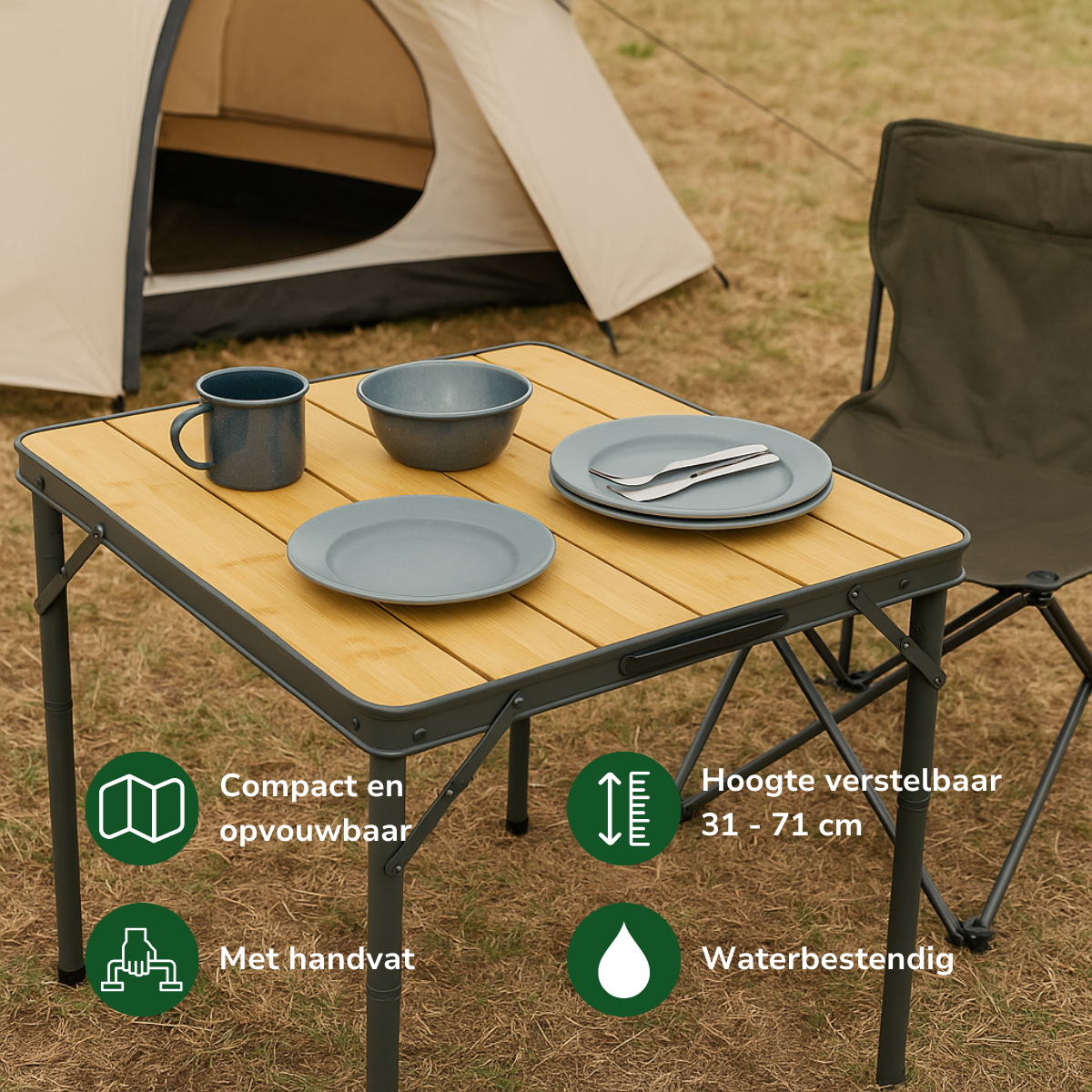 Camp Active Campe Active Campingtafel Inklapbaar - Inklaptafel - Opvouwbare Tafel - Vouwtafel - Inklapbare Tafel - In Hoogte Verstelbaar- 75 X 55 X 31 - 71 Cm - Bamboe En Aluminium