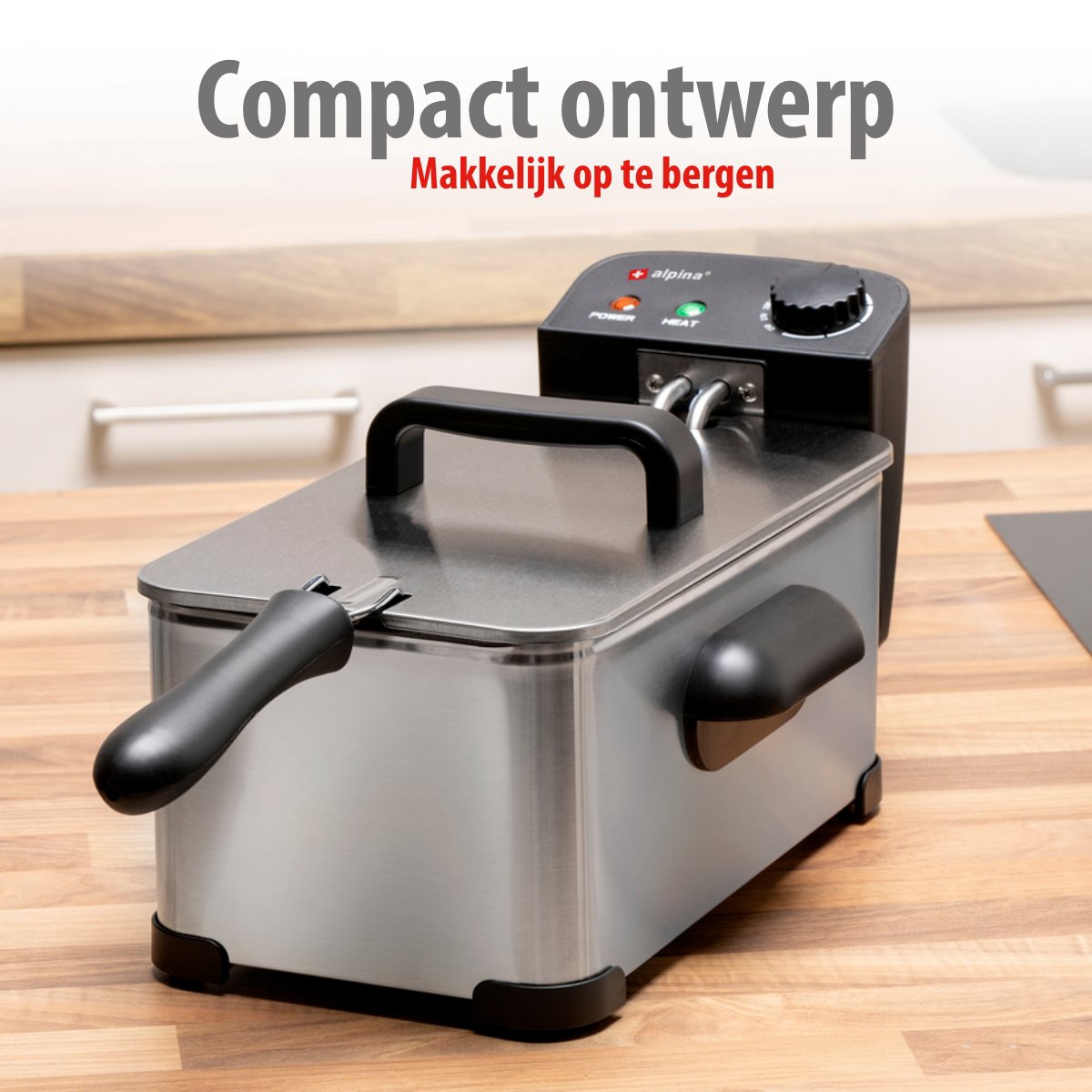 Alpina Frituurpan 3 Liter - Friteuse Met Instelbare Thermostaat - Frituur Met Uitneembare Mand - Frietpan 2000W - 32,3 X 20,5 X 18,9 Cm - Rvs