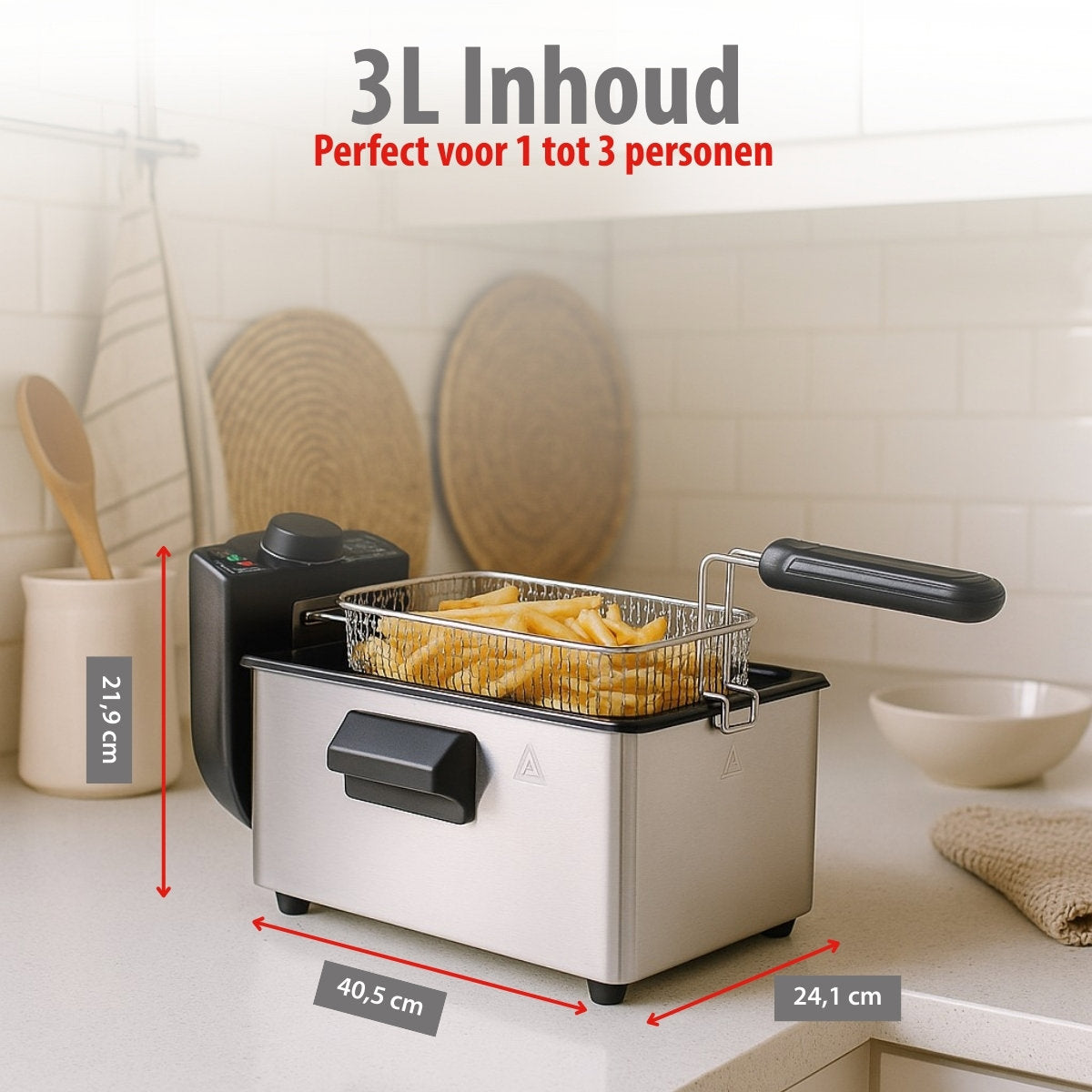 Alpina Frituurpan 3 Liter - Friteuse Met Instelbare Thermostaat - Frituur Met Uitneembare Mand - Frietpan 2000W - 32,3 X 20,5 X 18,9 Cm - Rvs