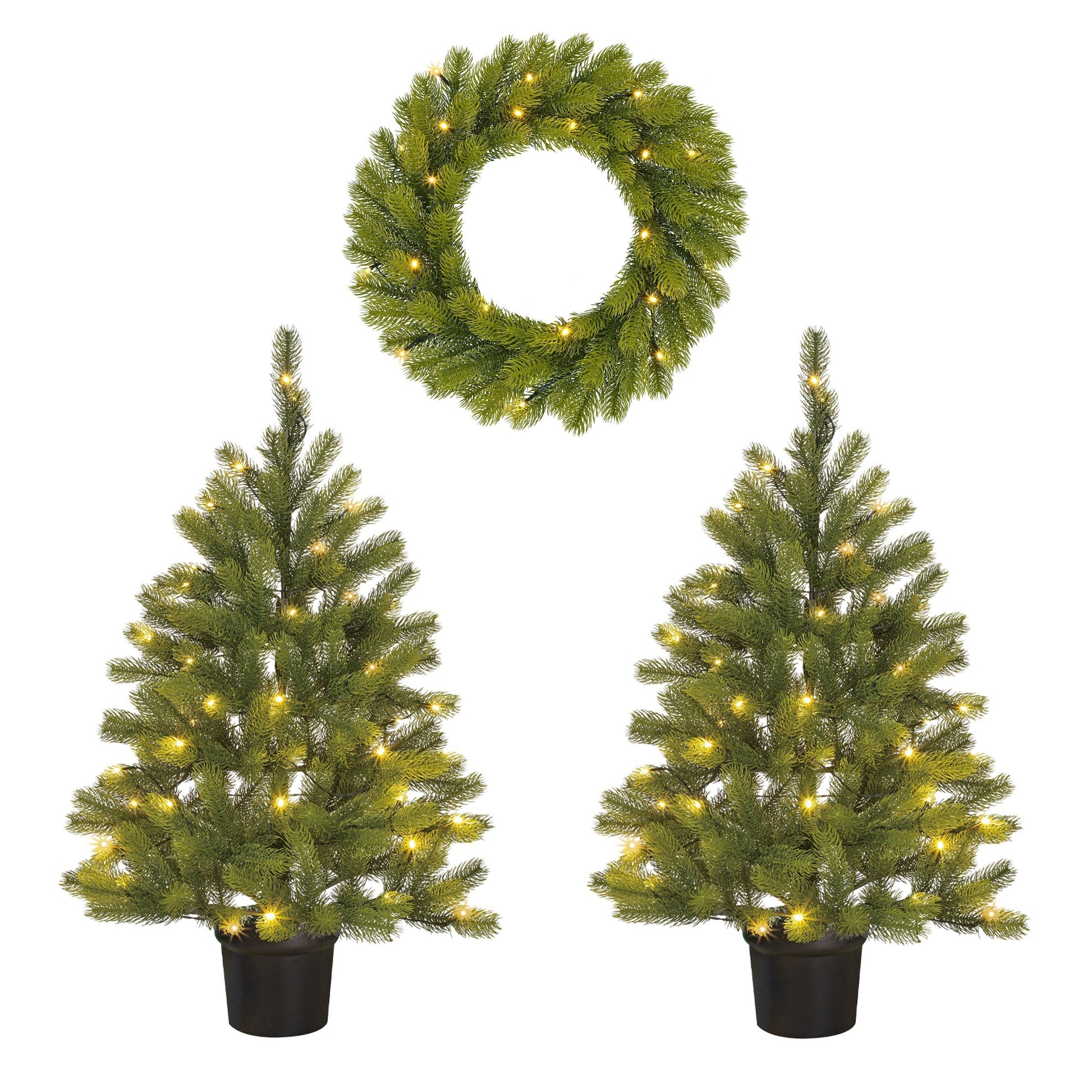 Nagoya Set Of 2 Christmas Trees And 1 Wreath For Outdoor Use With Led Lights And Timer Function - H90 X Ø45 Cm - Green