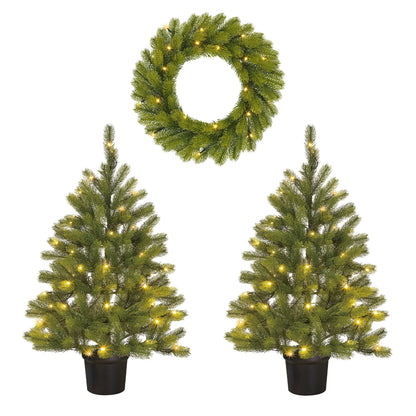 Nagoya Set Of 2 Christmas Trees And 1 Wreath For Outdoor Use With Led Lights And Timer Function - H90 X Ø45 Cm - Green