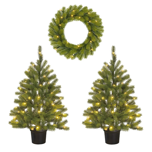 Nagoya Set Of 2 Christmas Trees And 1 Wreath For Outdoor Use With Led Lights And Timer Function - H90 X Ø45 Cm - Green