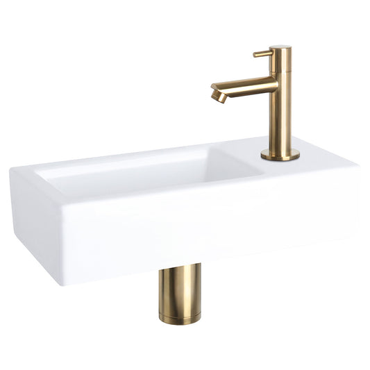Helios Fonteinset - Keramiek Wit - Koudwaterkraan Recht Mat Goud - Kraan Rechts - Always Open Afvoerplug - 37.5 X 18.5 X 9 Cm