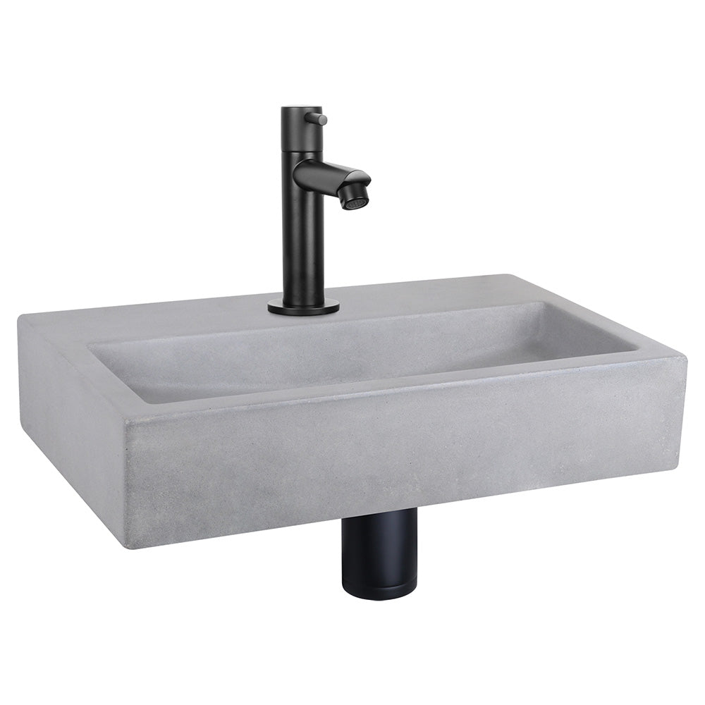 Flat Fonteinset - Beton Lichtgrijs - Kraan Recht Mat Zwart - 38 X 24 X 8 Cm