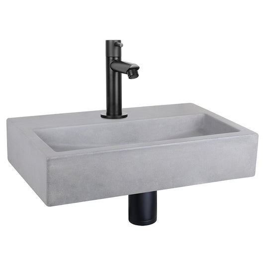 Flat Fonteinset - Beton Lichtgrijs - Kraan Recht Mat Zwart - 38 X 24 X 8 Cm