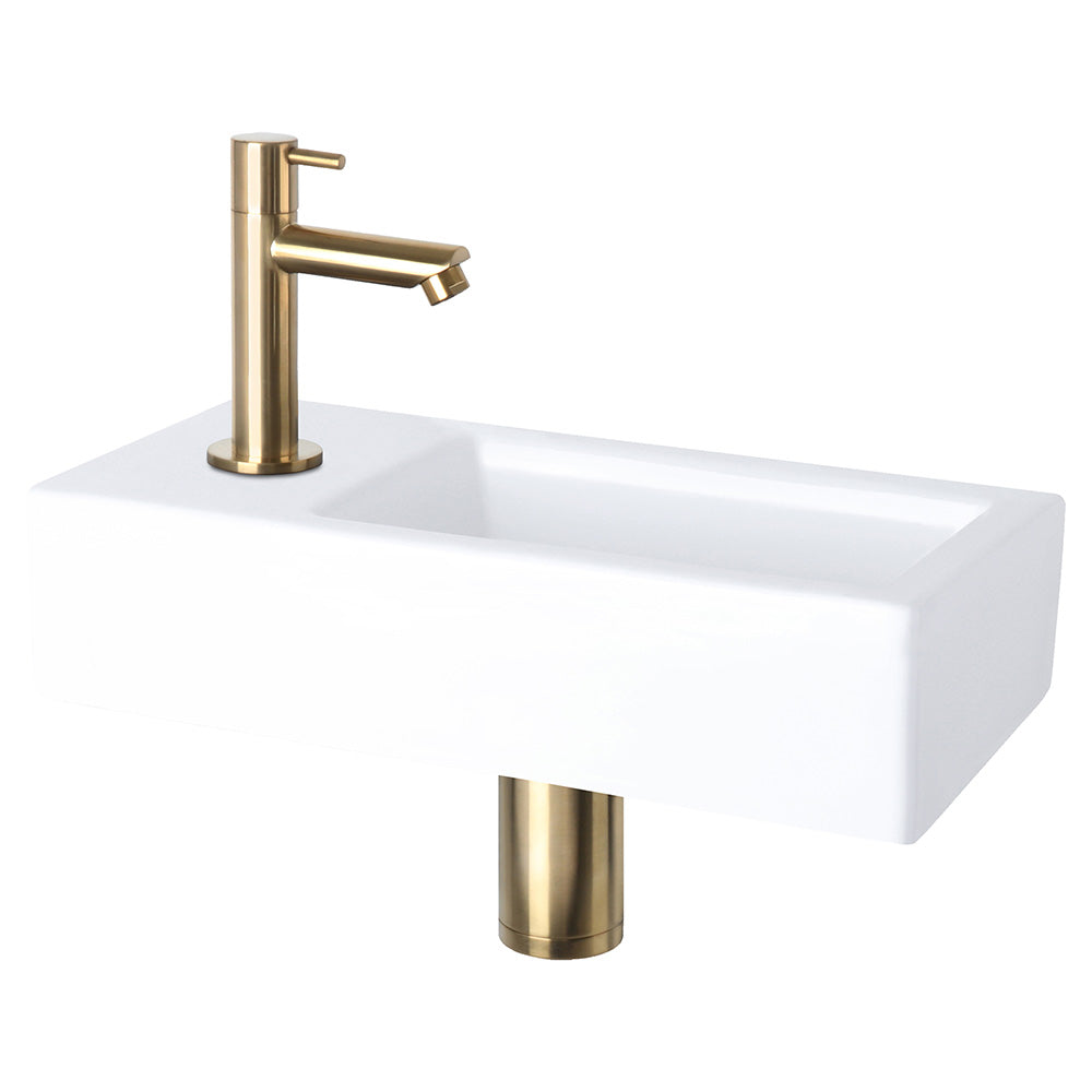 Helios Fonteinset - Keramiek Wit - Koudwaterkraan Recht Mat Goud - Kraan Links - Always Open Afvoerplug - 37.5 X 18.5 X 9 Cm