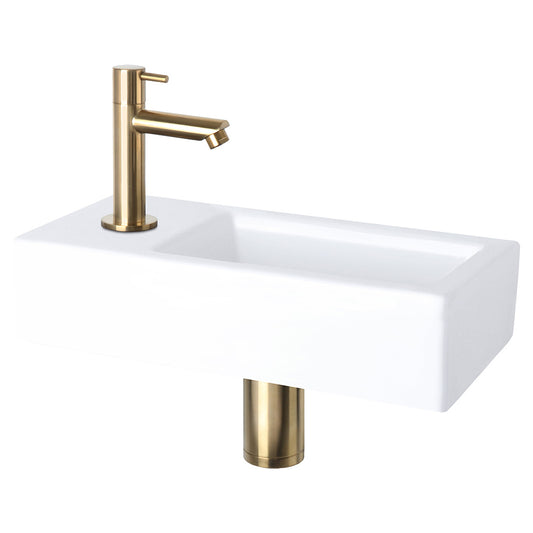 Helios Fonteinset - Keramiek Wit - Koudwaterkraan Recht Mat Goud - Kraan Links - Always Open Afvoerplug - 37.5 X 18.5 X 9 Cm