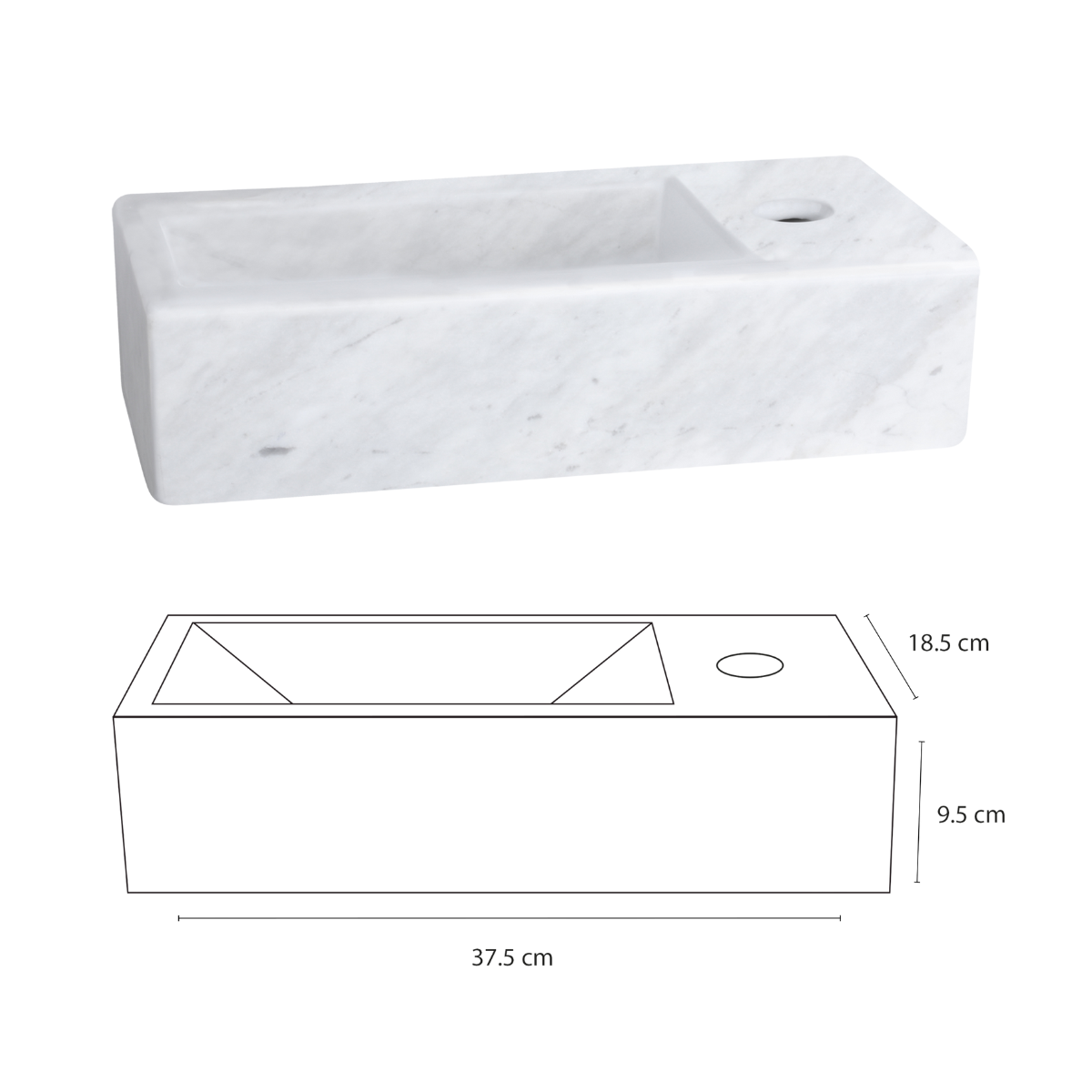 Helios Fonteinset - Marmer - Kraan Recht Mat Zwart - 37.5 X 18.5 X 9.5 Cm