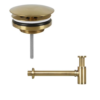 Helios Fonteinset - Keramiek Wit - Koudwaterkraan Recht Mat Goud - Kraan Rechts - Always Open Afvoerplug - 37.5 X 18.5 X 9 Cm