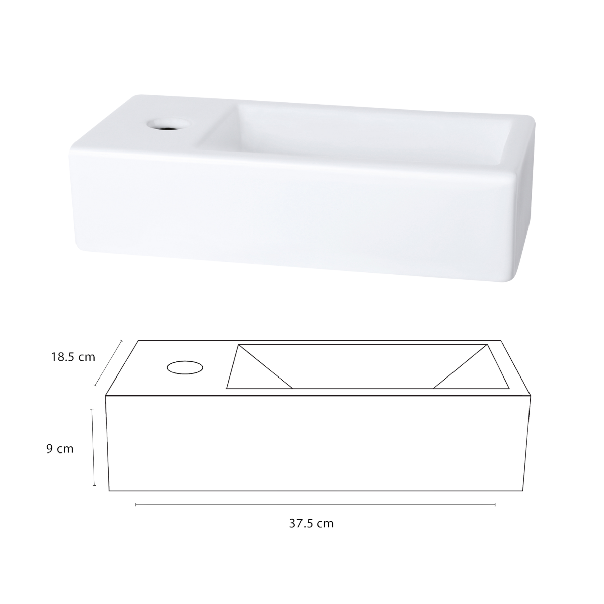 Helios Fonteinset - Keramiek Wit - Koudwaterkraan Recht Mat Goud - Kraan Links - Always Open Afvoerplug - 37.5 X 18.5 X 9 Cm