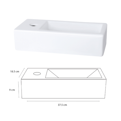 Helios Fonteinset - Keramiek Wit - Koudwaterkraan Recht Mat Goud - Kraan Links - Always Open Afvoerplug - 37.5 X 18.5 X 9 Cm