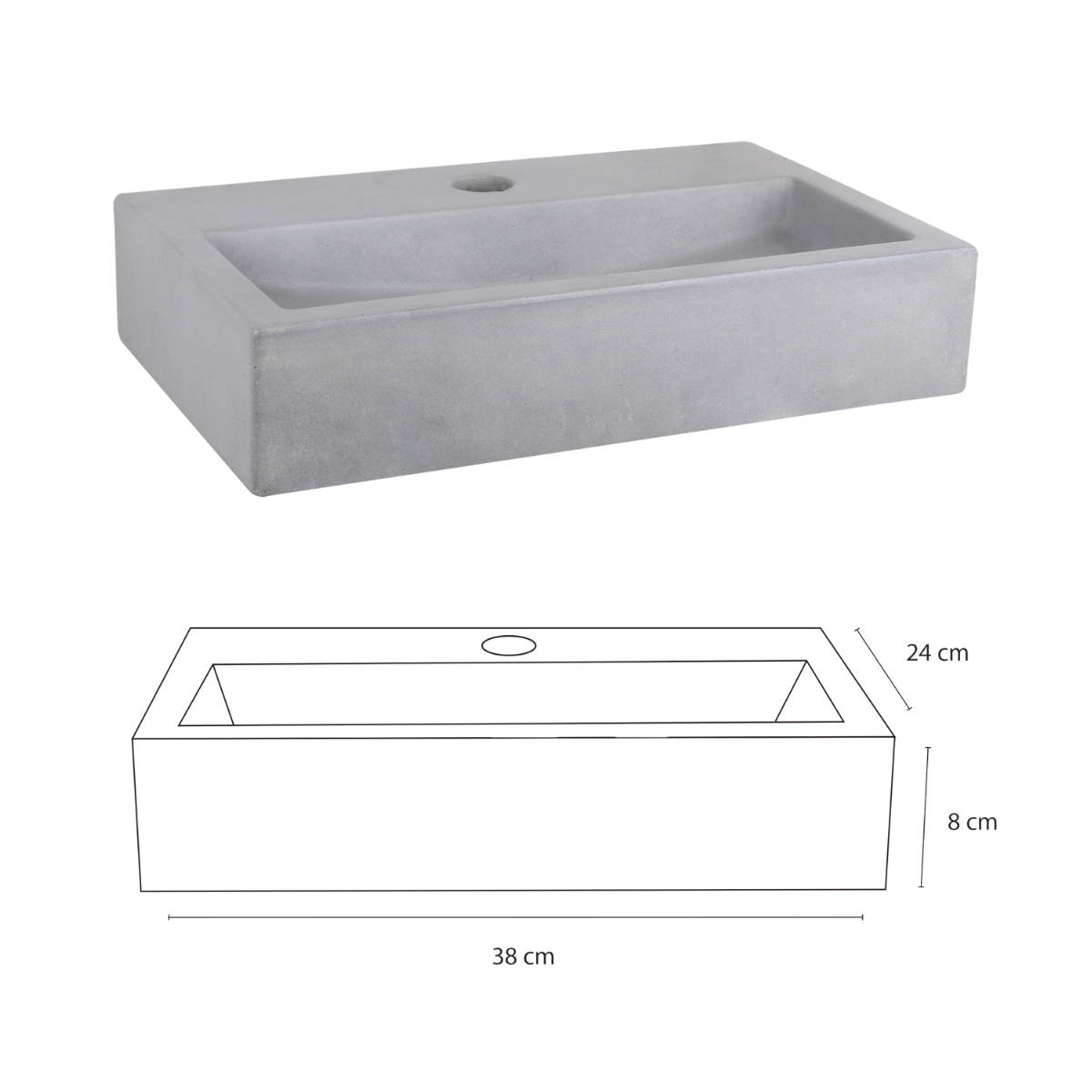 Flat Fonteinset - Beton Lichtgrijs - Kraan Recht Mat Zwart - 38 X 24 X 8 Cm
