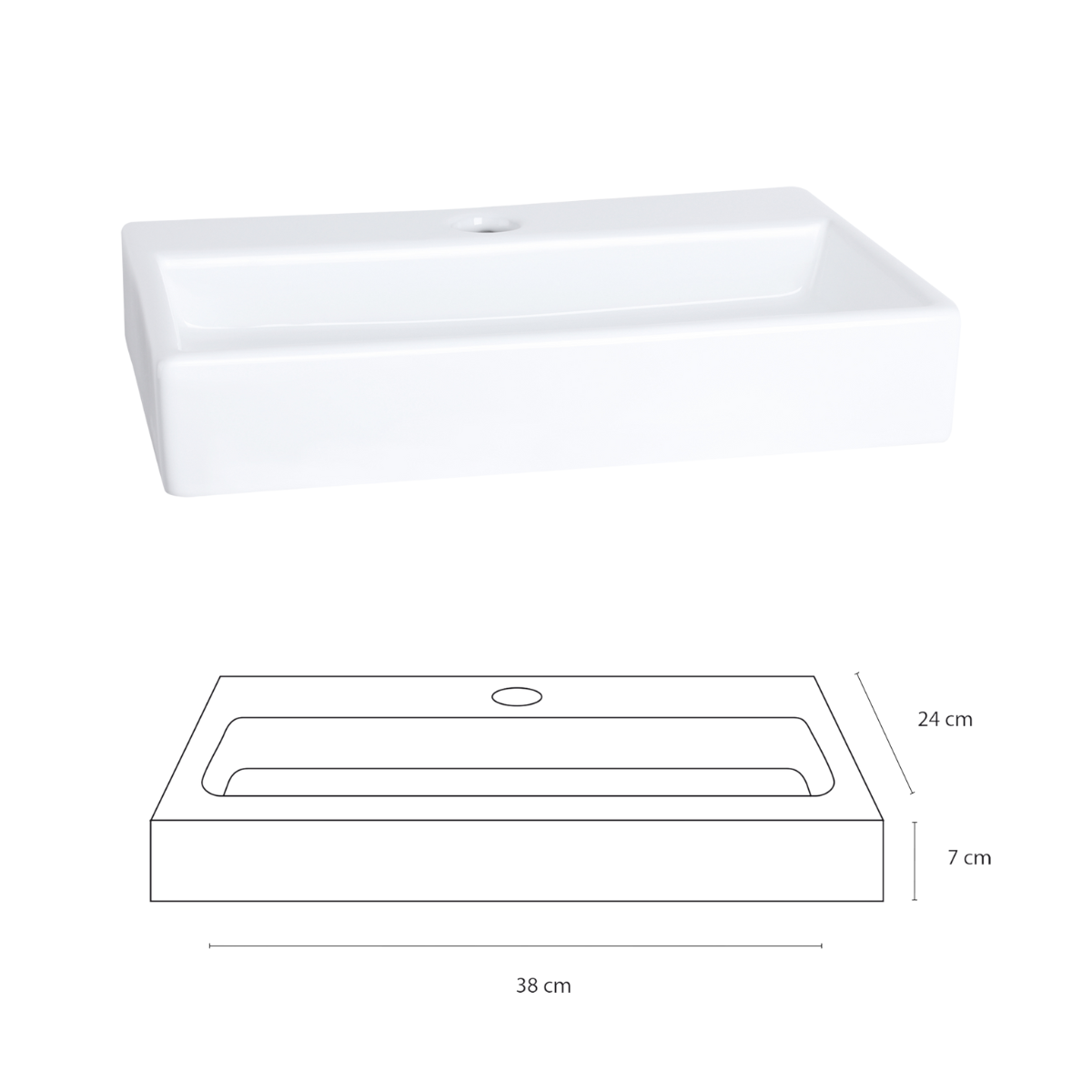 Flat Fonteinset - Keramiek - Kraan Recht Mat Zwart - 38 X 24 X 7 Cm