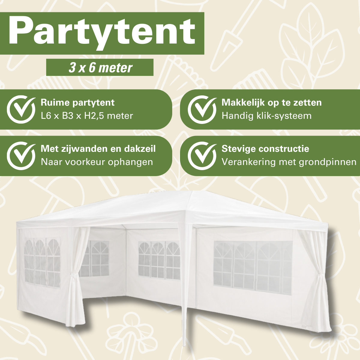Kinzo Partytent - 6 Zijwanden - 3 X 6 M - Wit