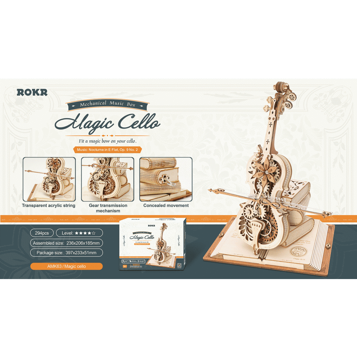 Robotime, Muziekdoos Hout Diy 3D Puzzel Magic Cello, Amk63, 23,5X20,5X18,5Cm