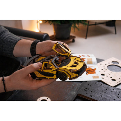 Eco Wood Art, (Ewa) Diy 3D Mechanical Model Racing Car Yelow, 4042, 21X9,5X5,7Cm