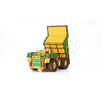 Eco Wood Art (Ewa) 3D Mechanische Houten Puzzel, Mining Dump Truck Belaz-7513E, 4219, Kleur Geel En Groen, 17X10X9Cm