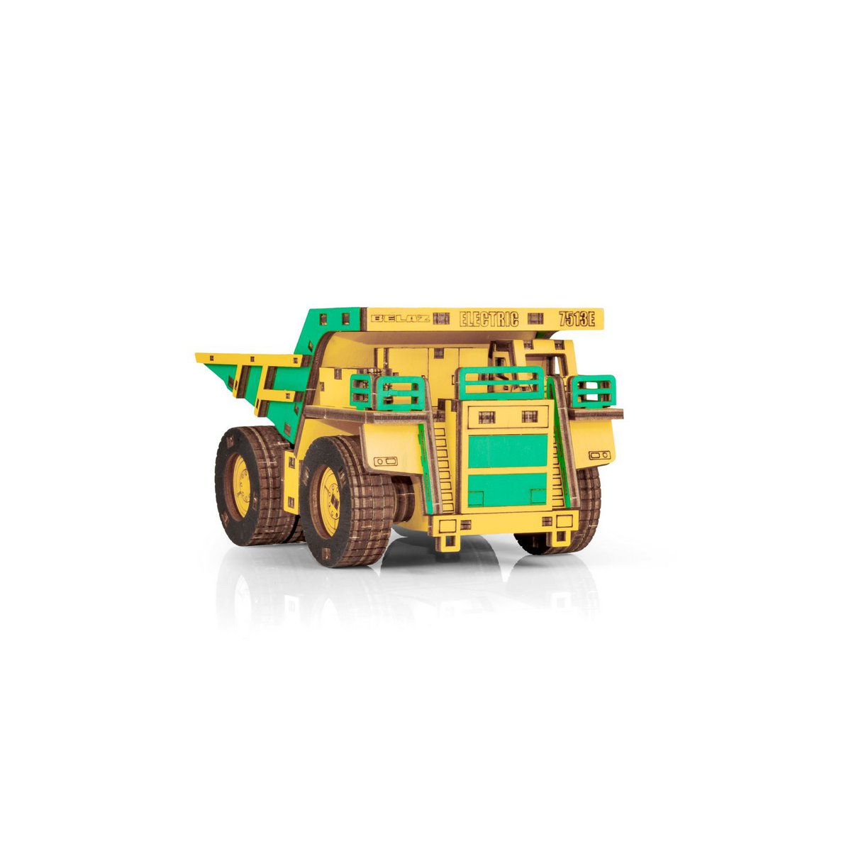 Eco Wood Art (Ewa) 3D Mechanische Houten Puzzel, Mining Dump Truck Belaz-7513E, 4219, Kleur Geel En Groen, 17X10X9Cm
