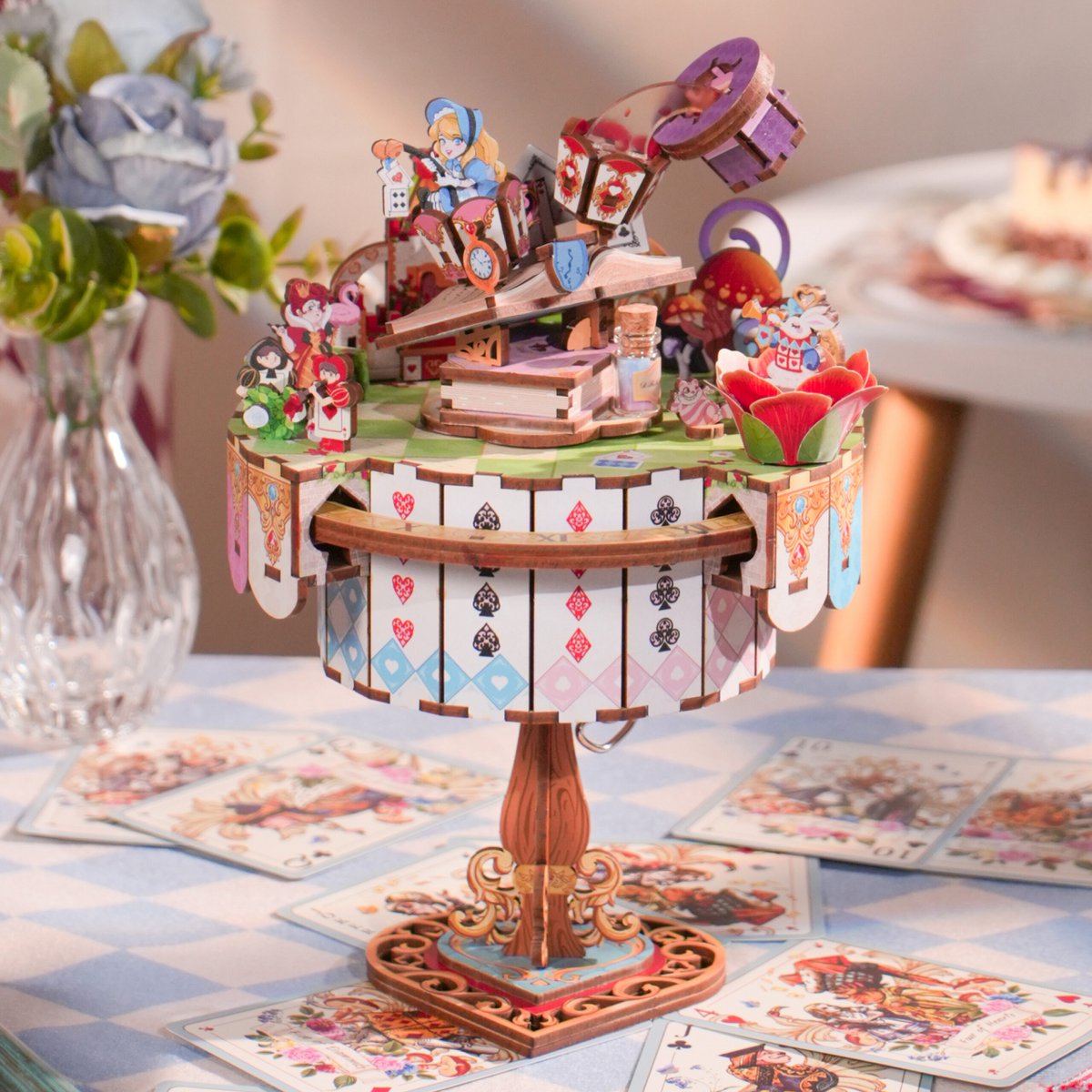 Tonecheer, Muziekdoosje, Diy 3D Houten Puzzel, Alice's Tea Party, Tq073, 13,7X13,2X20,9Cm