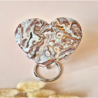 Mexican Crazy Lace Agate Hart Op Standaard #1 – Ongeveer 300G Edelsteen Voor Vreugde & Balans