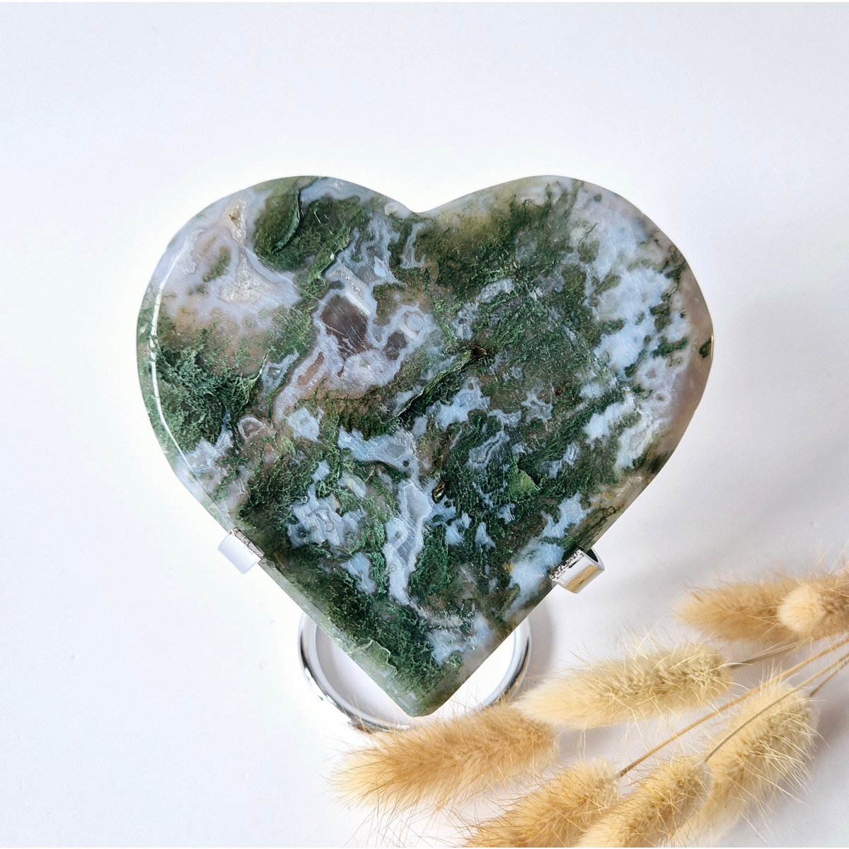 Edelsteen Grote Druzy Mosagaat Hart Op Metalen Standaard – #35 323 Gram