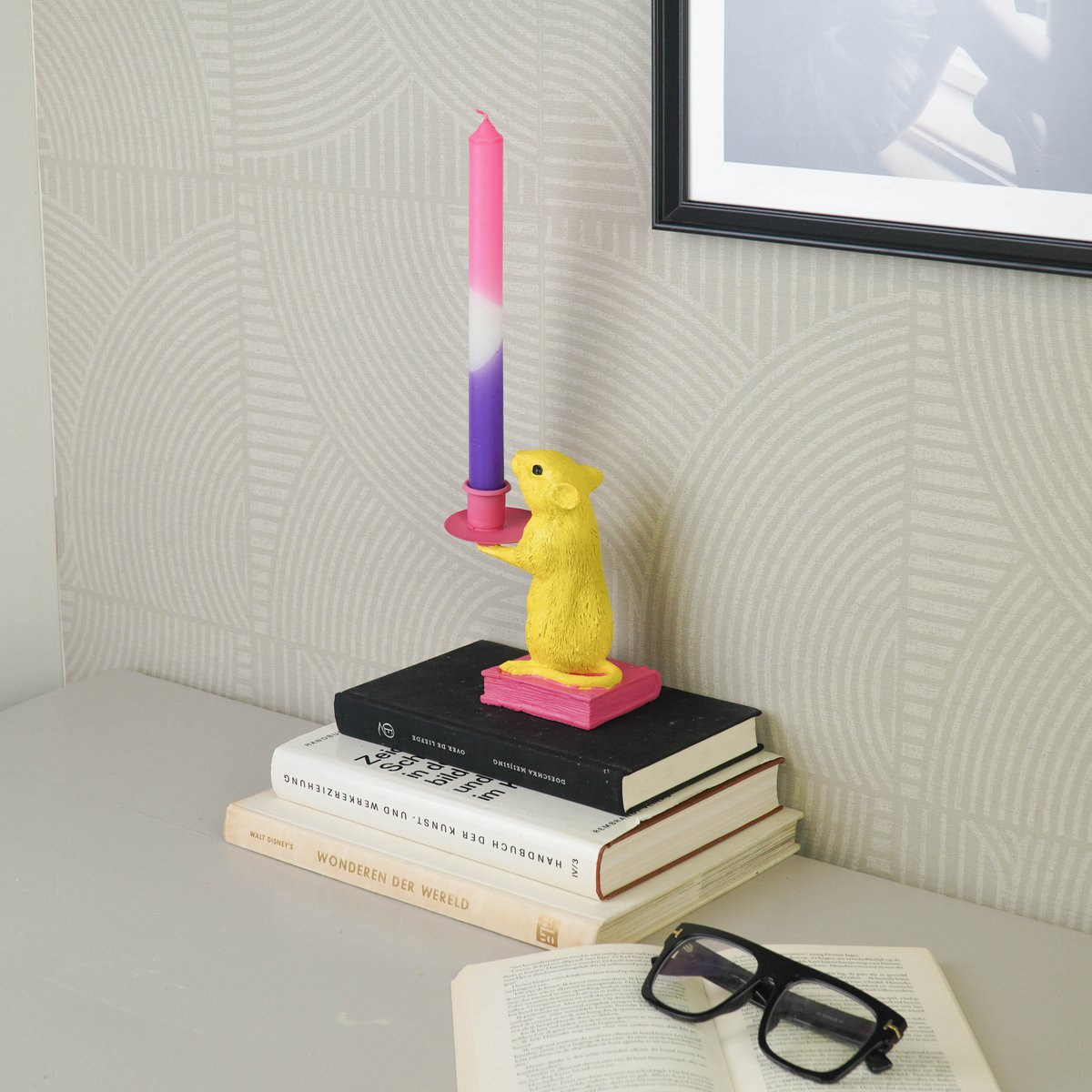 Kaarshouder - Muis - Polyresin - Geel/Roze - 8X10X17Cm