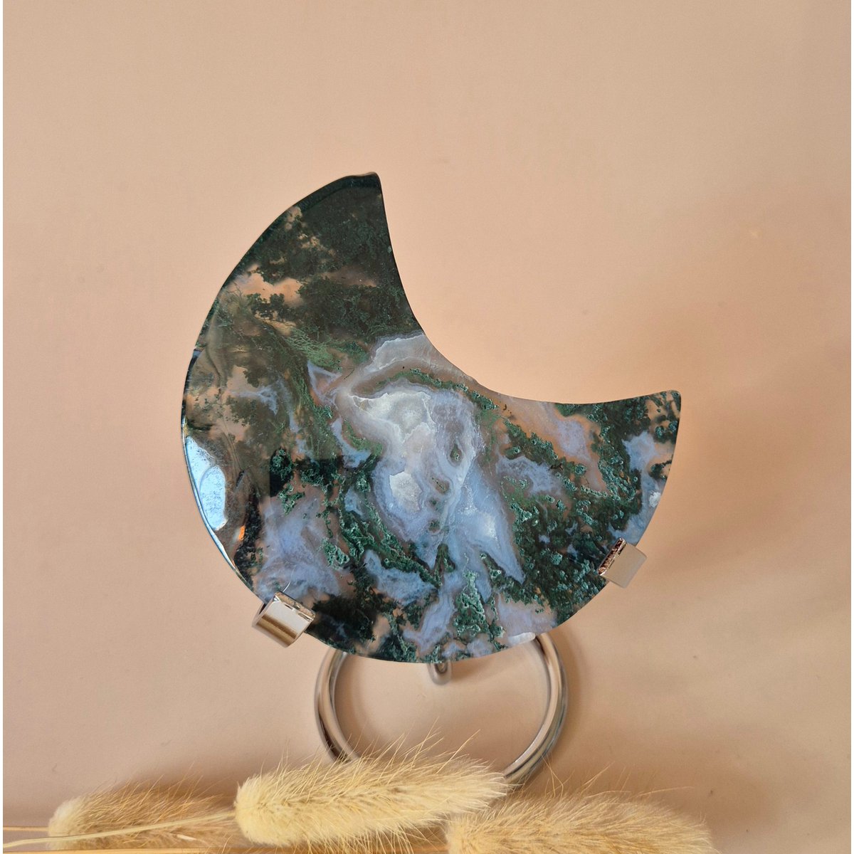 Xl Edelsteen Mosagaat Maan Op Standaard (Druzy & Patronen) #164 - 155G