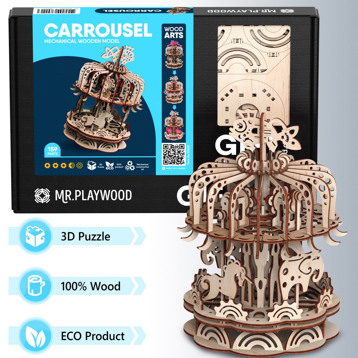 Mr. Playwood 3D Houten Puzzel Carousel, 10403, 25X25X32Cm