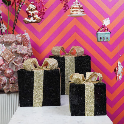 Led Xmas Gift - S3 - Polysenee - Zwart/Goud -15/20/25Cm