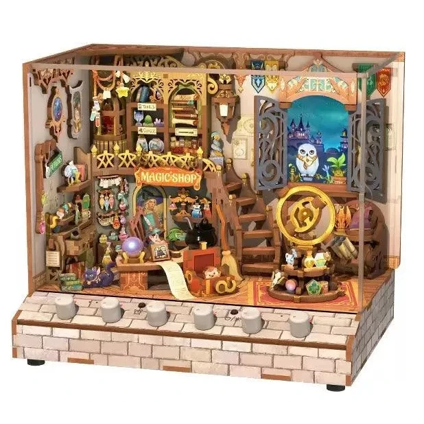 Tonecheer, Diy 3D Houten Puzzel Met 6 Verschillende Geluidseffecten En Stofkap, Miniature House Magic Shop, Tq403, 18X14,5X15,4Cm