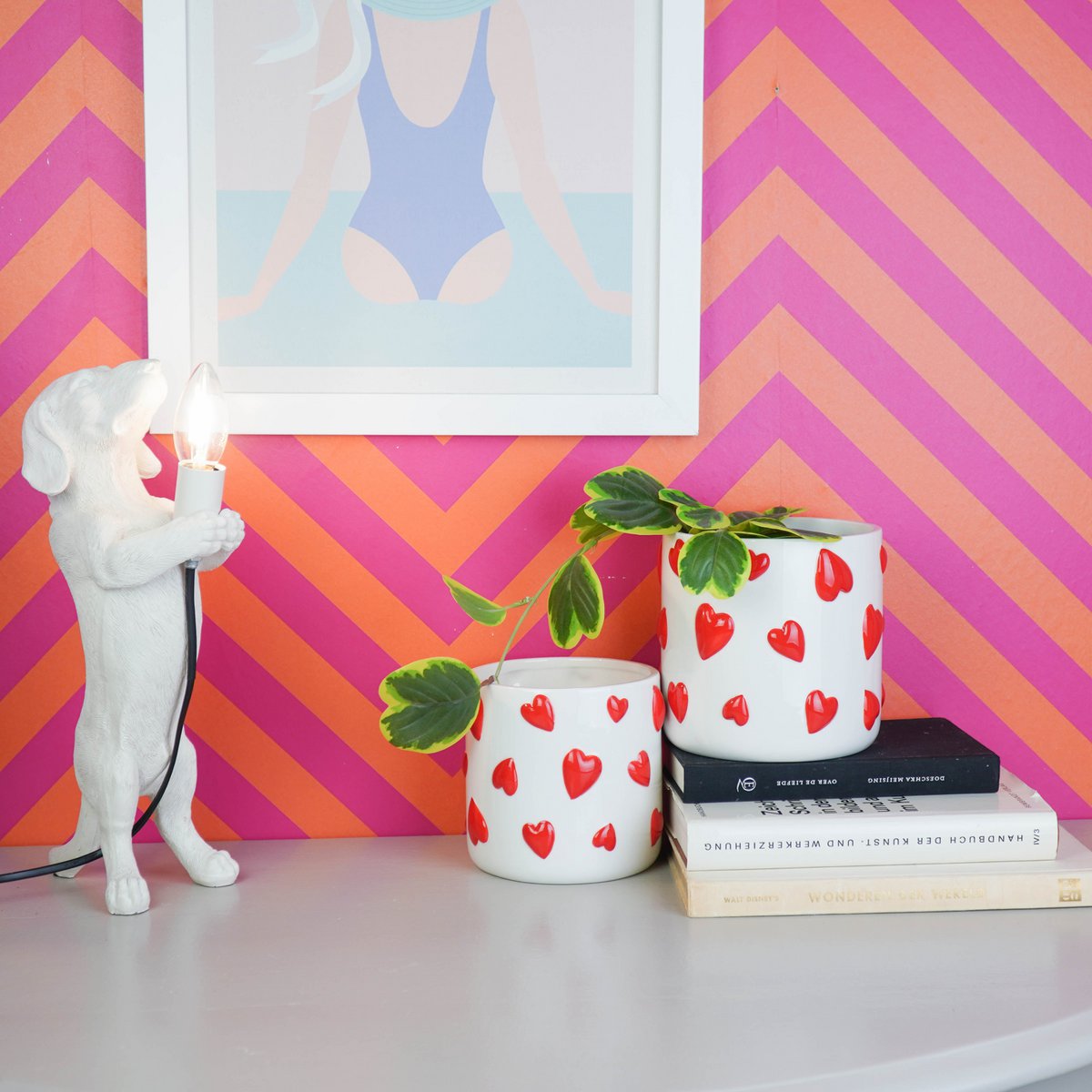 Pot - Bloempot - Hartjes - Wit/Rood - 12,5X12,5X13Cm