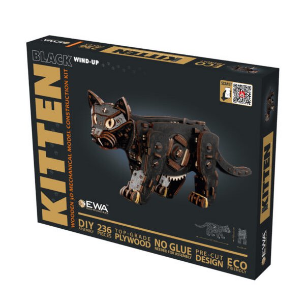 Eco Wood Art (Ewa) Diy 3D Mechanische Houten Puzzel, Kitten Black, 3854, 35,1X8,4X14,5