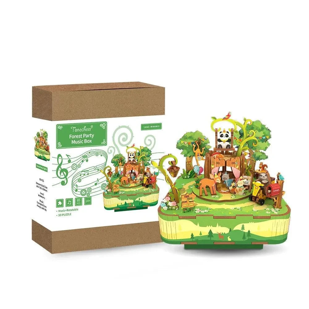 Tonecheer, Muziekdoosje, Diy 3D Houten Puzzel, Forest Party, Tq070, 14X14X15,4Cm