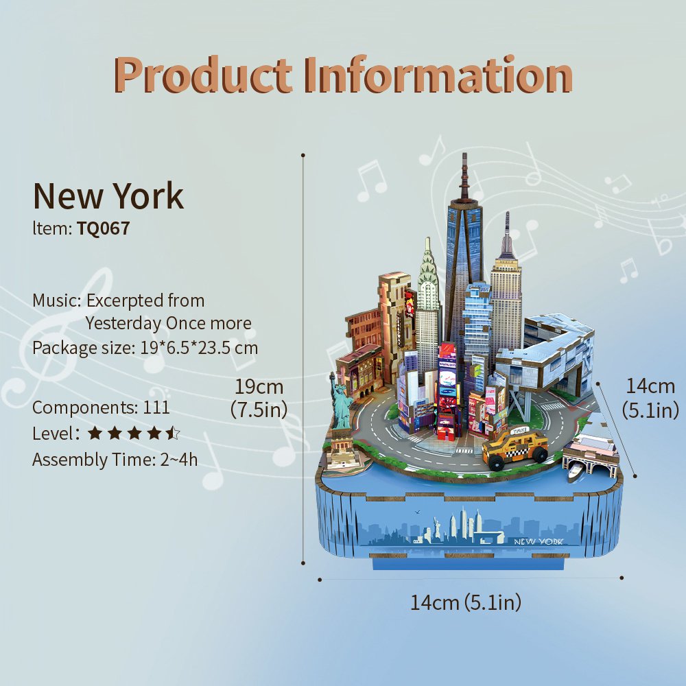 Tonecheer, Muziekdoosje, Diy 3D Houten Puzzel, New York, Tq067, 14X14X19Cm