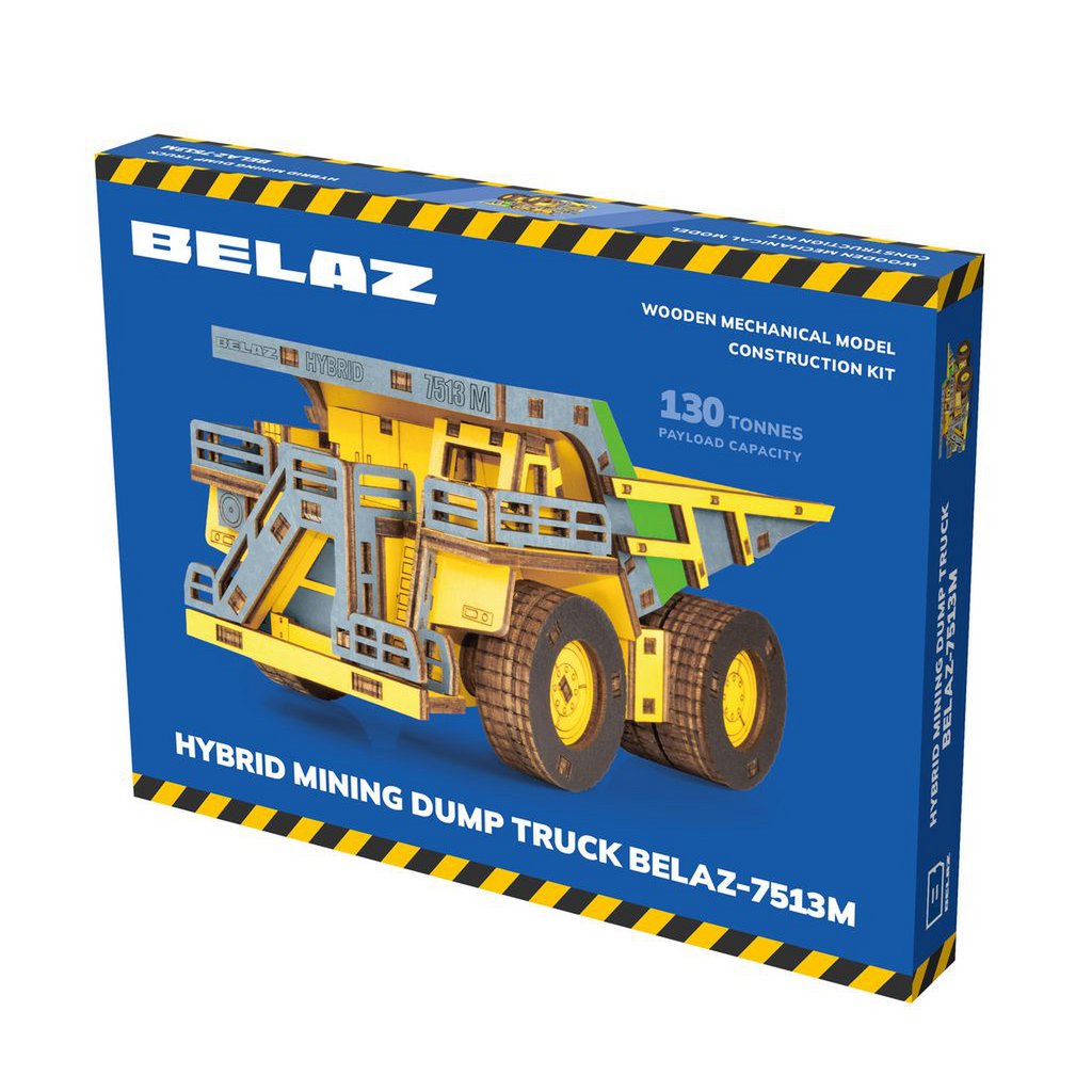 Eco Wood Art (Ewa) 3D Mechanische Houten Puzzel, Hybrid Mining Dump Truck Belaz-7513M, 4233, Kleur Geel, 18X9X10Cm