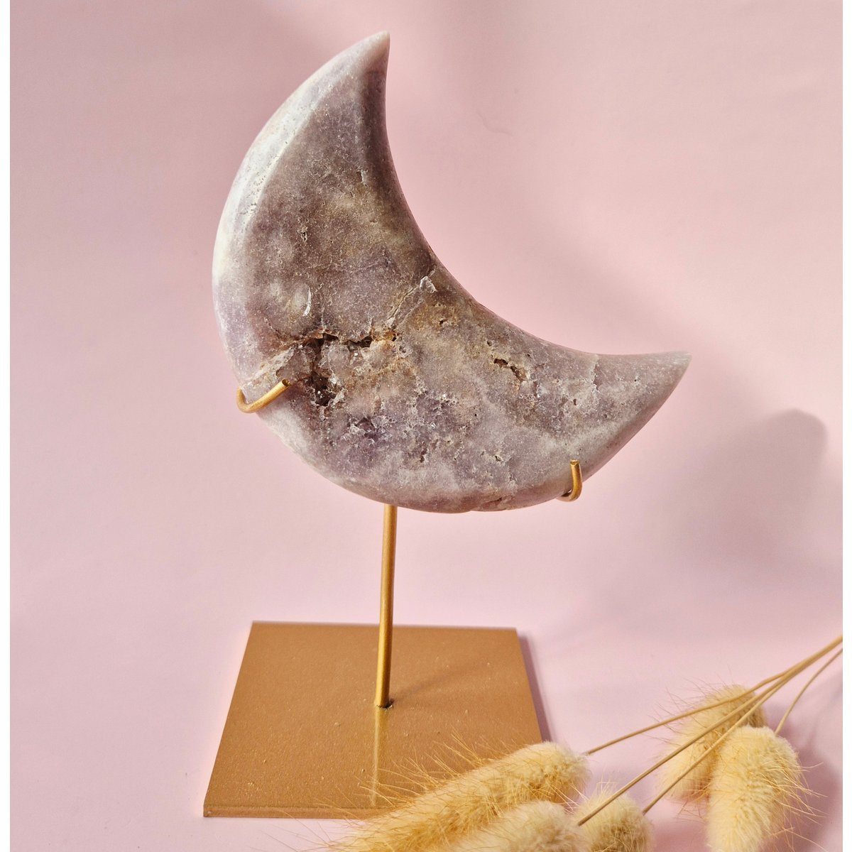 Xl Edelsteen Druzy Pink Amethyst Maan – Hoge Kwaliteit #11 292G | Incl. Metalen Standaard | Uniek Stuk Roze Amethist