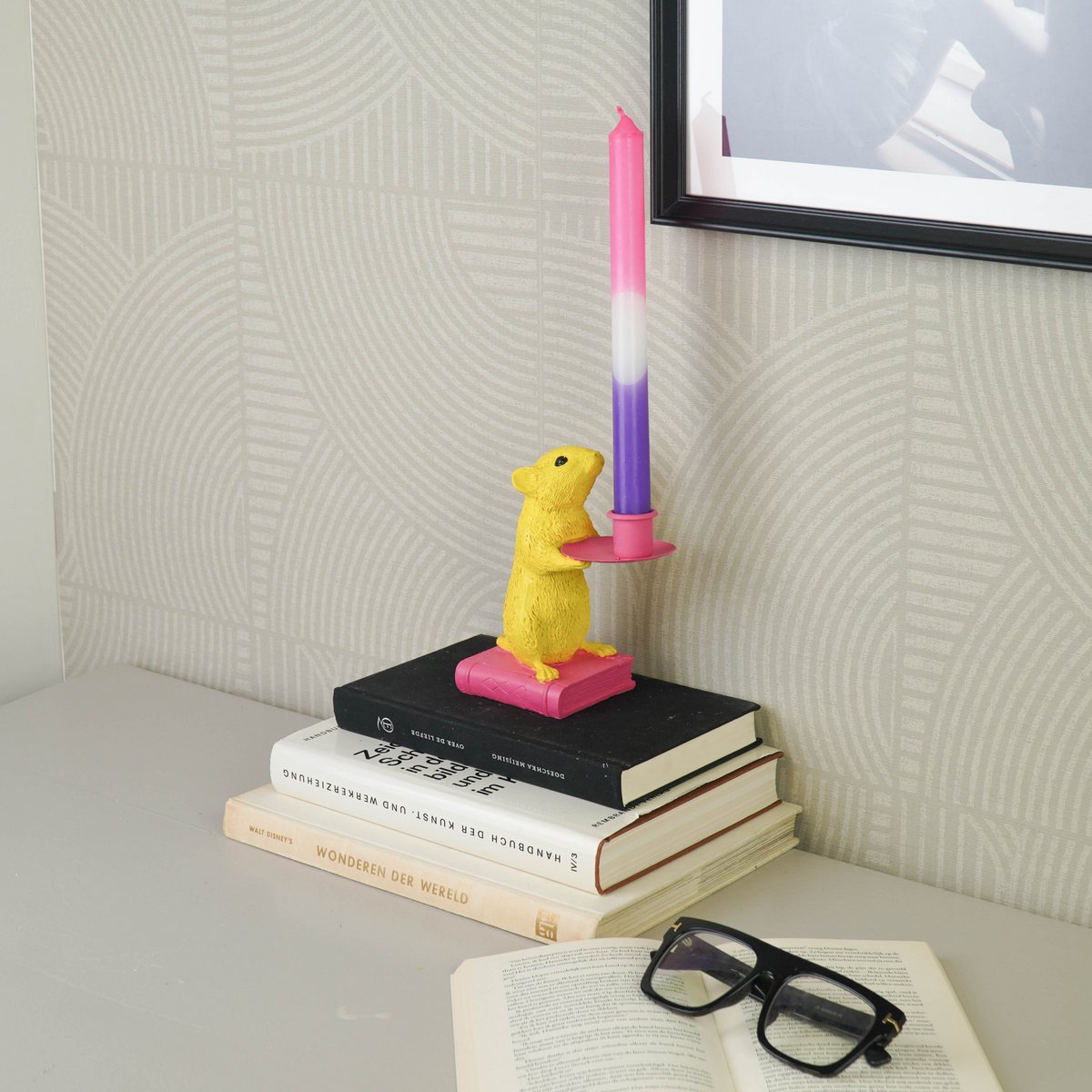 Kaarshouder - Muis - Polyresin - Geel/Roze - 8X10X17Cm